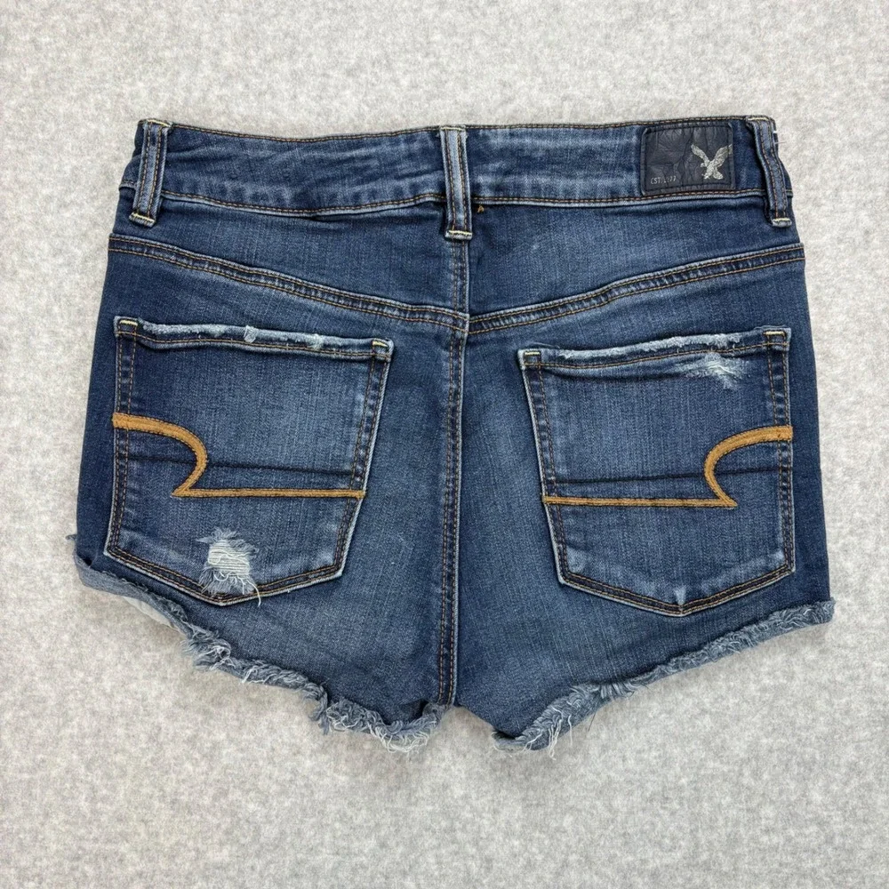 American Eagle Jeans Shorts Womens 8 Blue Dark Wash Super Stretch Distressed - Picture 3 of 8